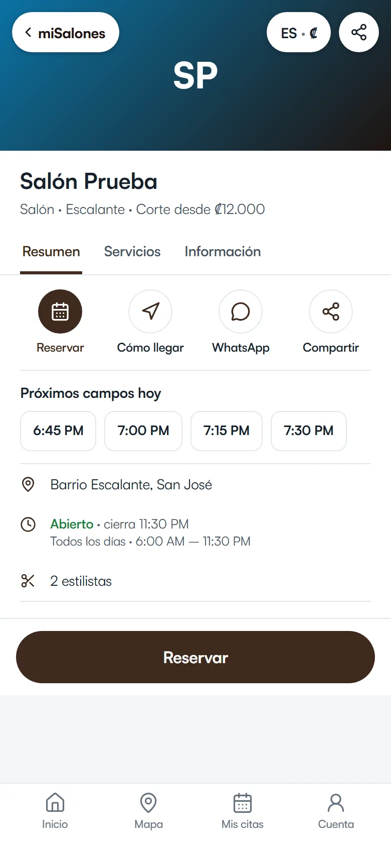 Página de un salón en el celular, con foto, servicios, horario y el botón Reservar