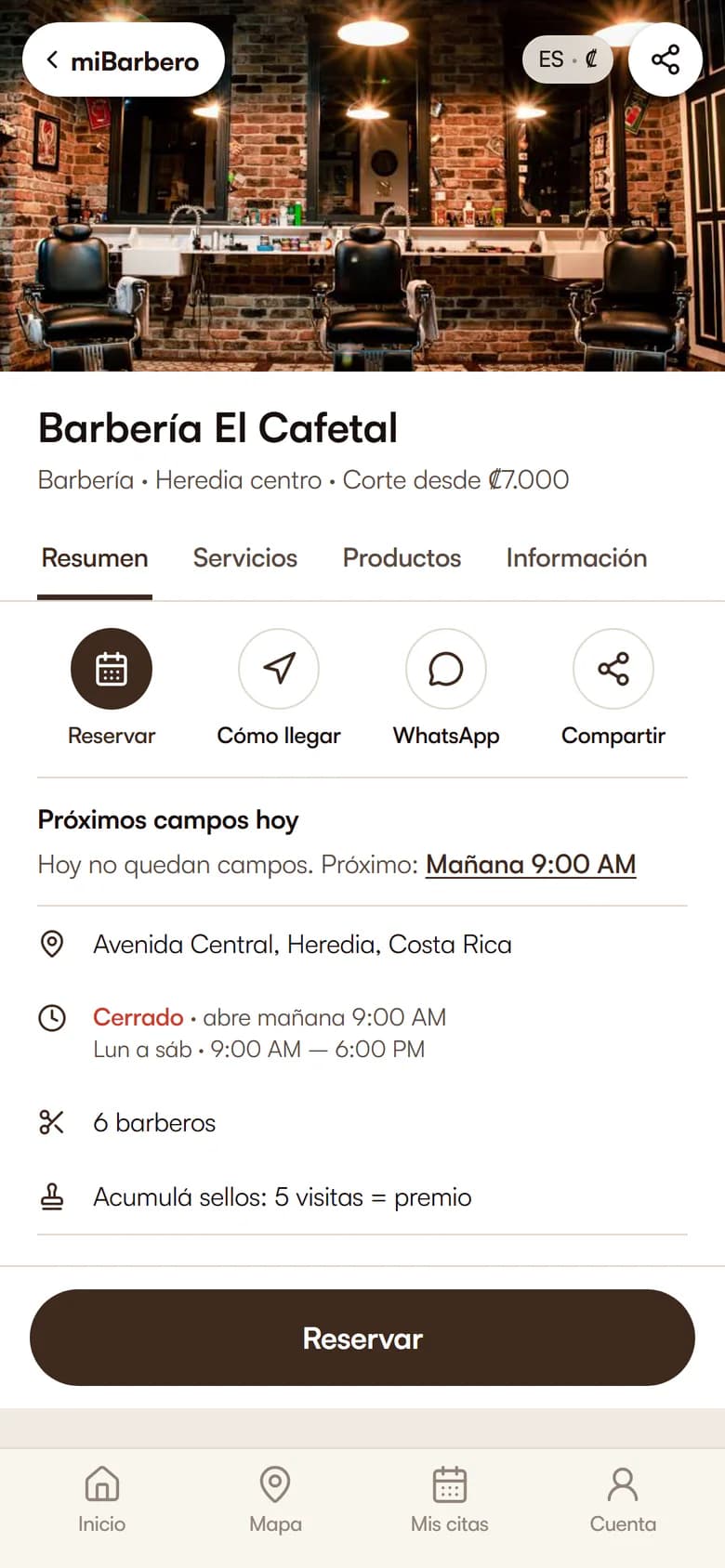 Página de un salón en el celular, con foto, servicios, horario y el botón Reservar