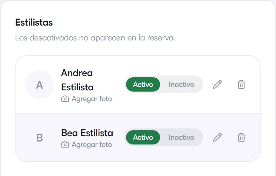 Lista del equipo de estilistas, con su especialidad y si está activo