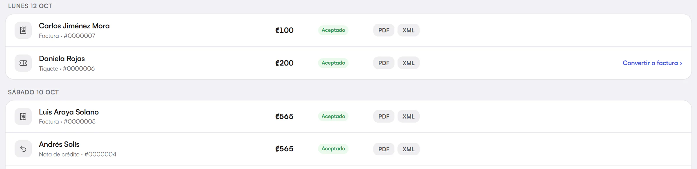Lista de comprobantes electrónicos: facturas, tiquetes y una nota de crédito aceptados por Hacienda