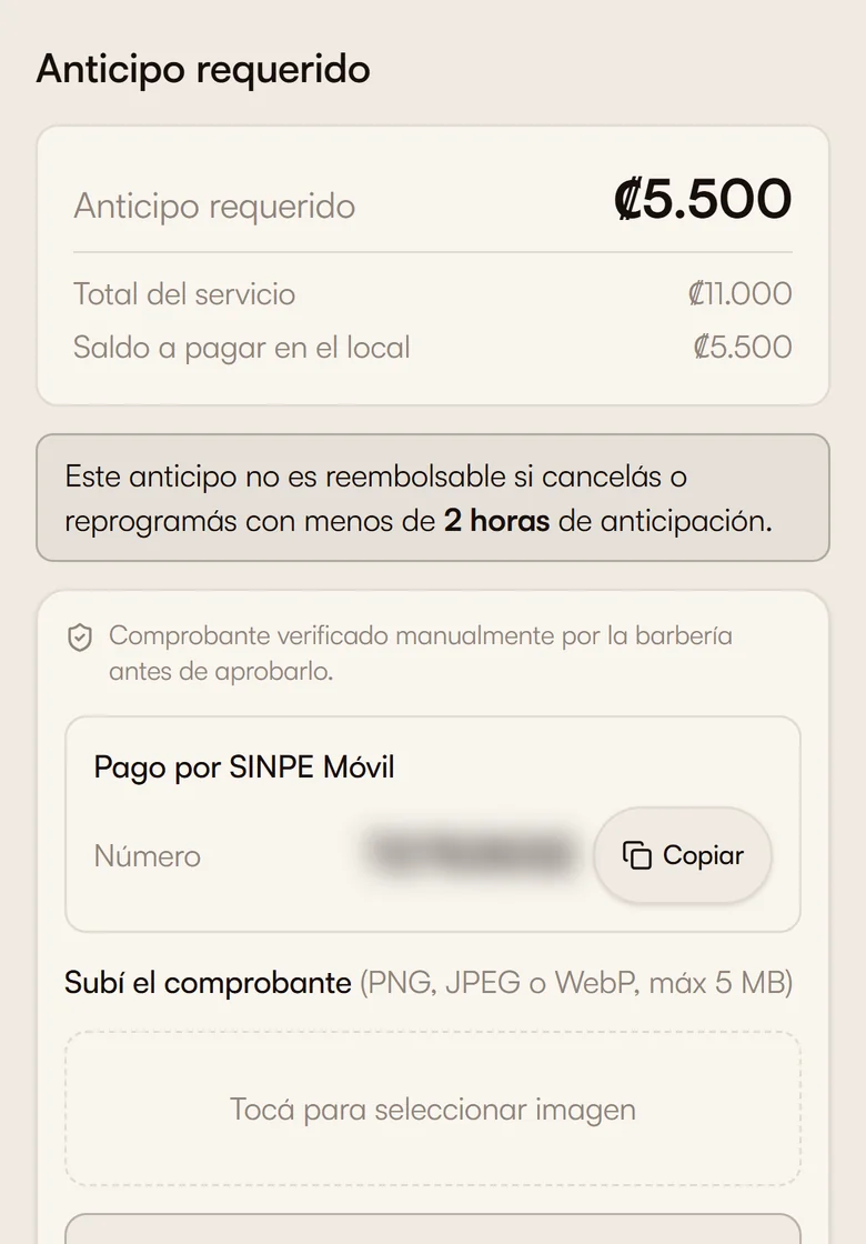 Paso del anticipo en el celular: monto, saldo a pagar en el local y pago por SINPE Móvil con comprobante