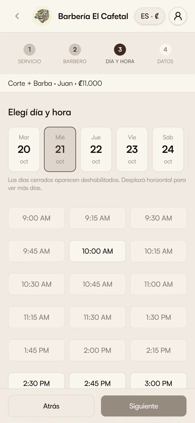 Paso de día y hora: el día elegido y los horarios libres del estilista