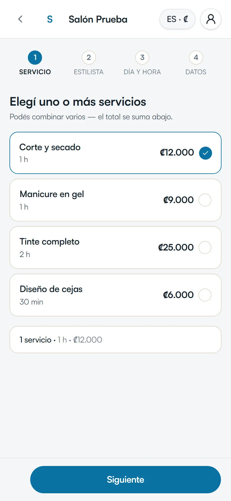 Paso 1 de la reserva en el celular: elegir los servicios, con su duración y precio