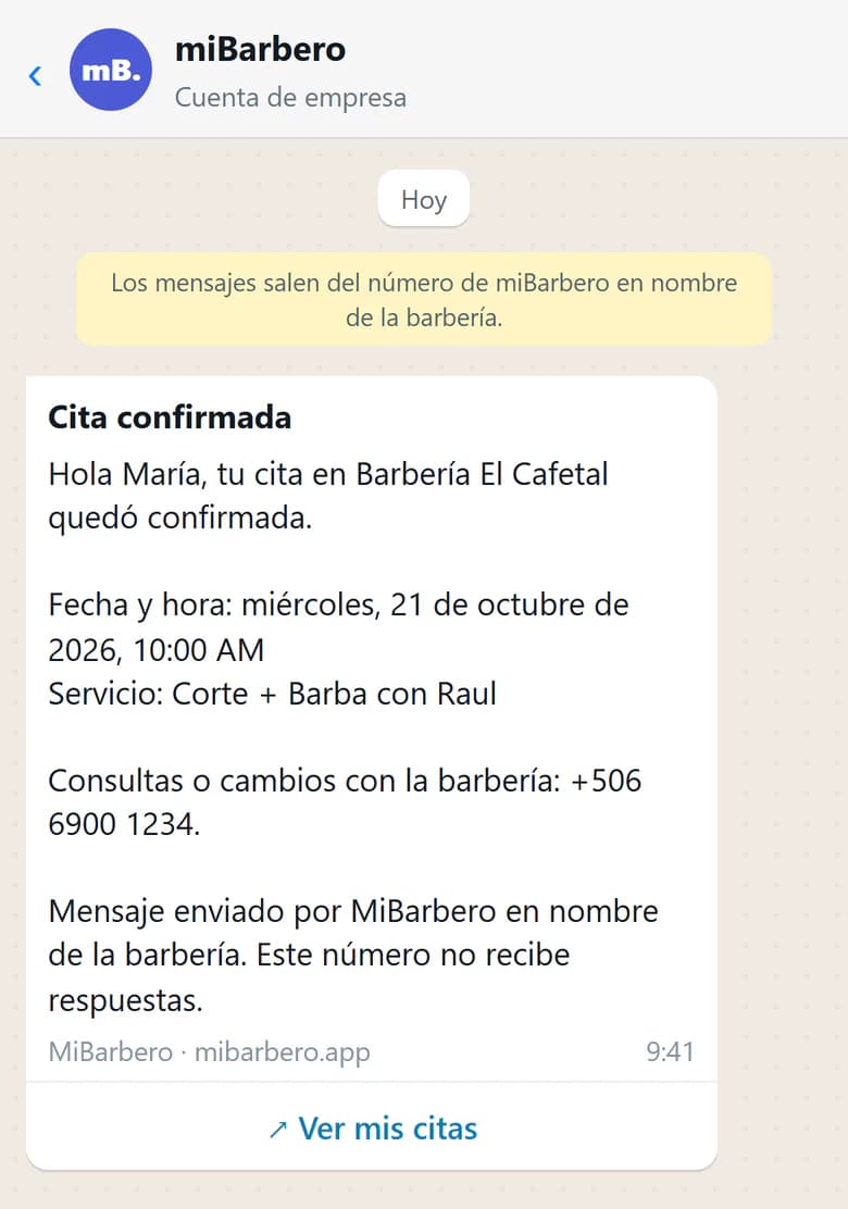Ilustración de un mensaje de WhatsApp: Cita confirmada, con fecha, hora, servicio y estilista